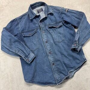 VTG Ringspun Denim Jacket Men M Blue Stone Washed Industrial Utility Long Sleeve